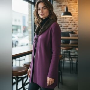 Womans Maggie Fine Knit Stylish Long Sweater Coat Faux Fur Collar L